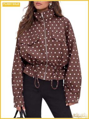 Polka Dot Zip Up Casual Jacket Retro Oversized Lightweight Women's Coat